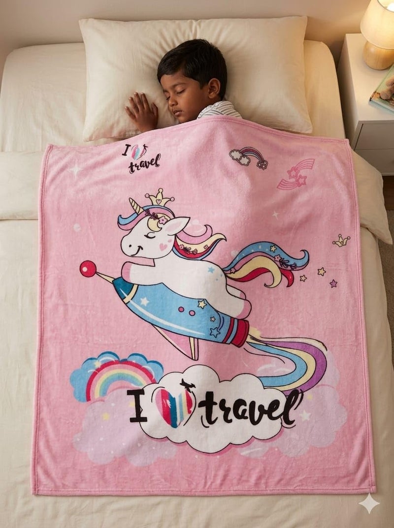Butterthief Light Weight Cartoon Printed Blanket 100 x140 cm, 0-5 Years Soft Flannel for All Seasons Reversible Baby Blanket for Kids Toddlers New Born Boys & Girls (Unicorn Travel) - Image 1