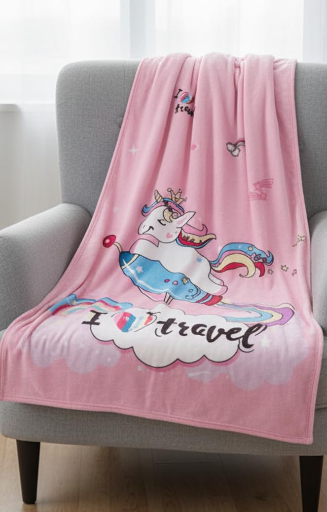 Butterthief Light Weight Cartoon Printed Blanket 100 x140 cm, 0-5 Years Soft Flannel for All Seasons Reversible Baby Blanket for Kids Toddlers New Born Boys & Girls (Unicorn Travel) - Image 4
