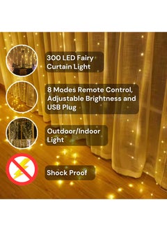 One94Store One94Store Fairy Curtain String Lights Warm White 300 LED with 8 Modes Remote Control Adjustable Brightness and USB Plug for Indoor Outdoor Decoration Warm White Color 3 X 3 Meter Plastic  - Image 4