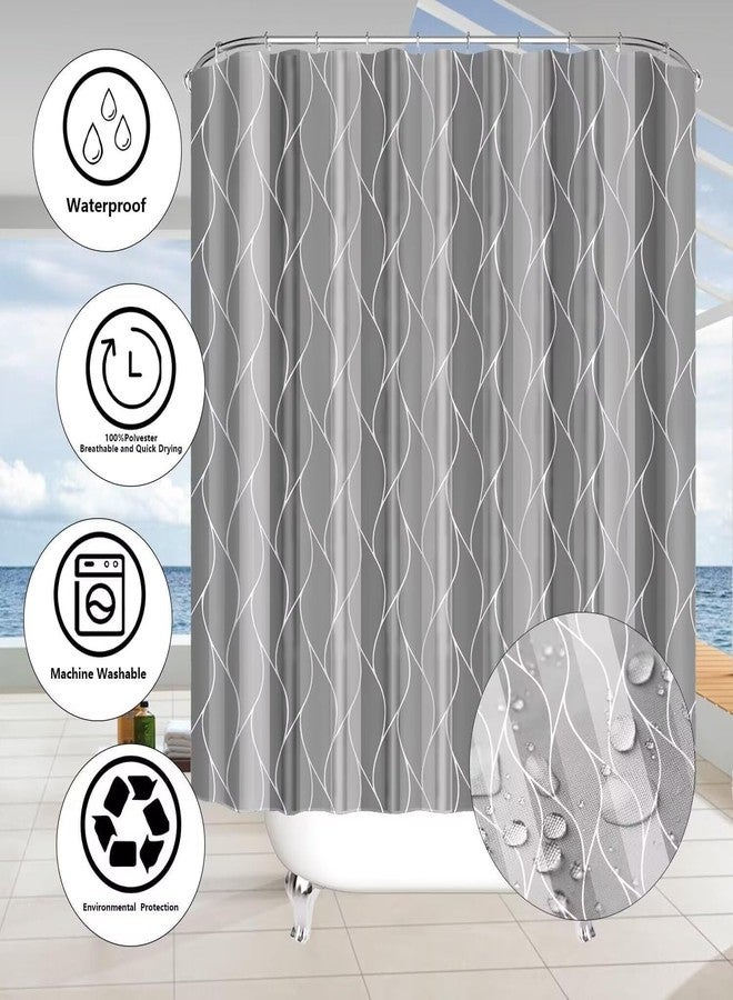 DDQQ 4Pcs Grey Shower Curtain Set with Rugs Stripe Bathroom Sets Geometric Wave Lines Shower Curtain with 12 Hooks Bathroom Decor with Rugs Bath Accessories with Mats Toilet Lid Cover - Image 5