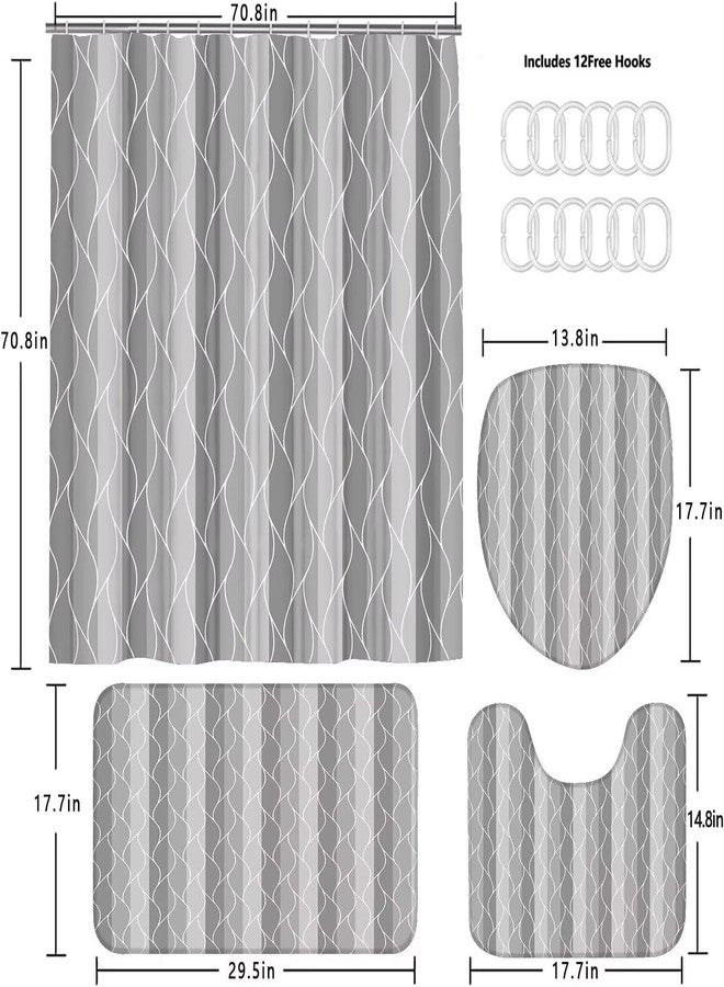 DDQQ 4Pcs Grey Shower Curtain Set with Rugs Stripe Bathroom Sets Geometric Wave Lines Shower Curtain with 12 Hooks Bathroom Decor with Rugs Bath Accessories with Mats Toilet Lid Cover - Image 4