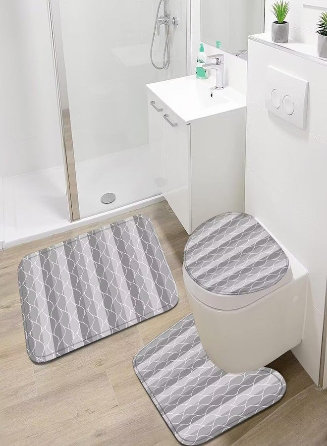 DDQQ 4Pcs Grey Shower Curtain Set with Rugs Stripe Bathroom Sets Geometric Wave Lines Shower Curtain with 12 Hooks Bathroom Decor with Rugs Bath Accessories with Mats Toilet Lid Cover - Image 3