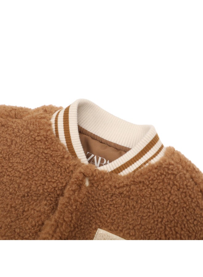 Zara kids' Fashion Retro Color-block Plush Soft Warm Baseball Jacket - Image 4