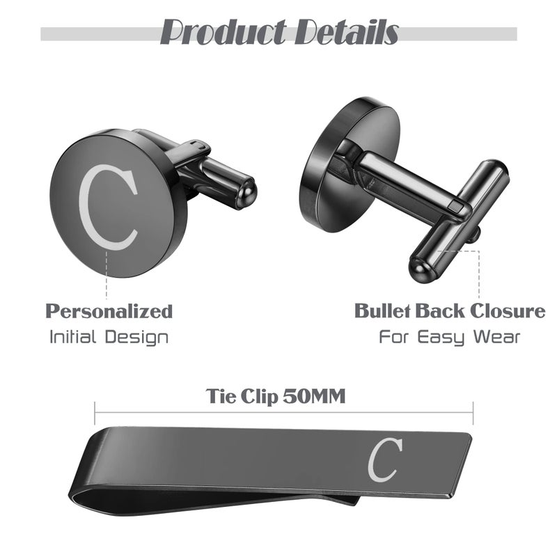 LOYALLOOK Black Initial C Cufflinks and Tie Clip Set for Men Personalized Copper Cuff links and Tie Bar Letter Alphabet C Gift for Father Husband - Image 4