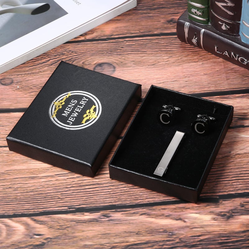 LOYALLOOK Black Initial C Cufflinks and Tie Clip Set for Men Personalized Copper Cuff links and Tie Bar Letter Alphabet C Gift for Father Husband - Image 2