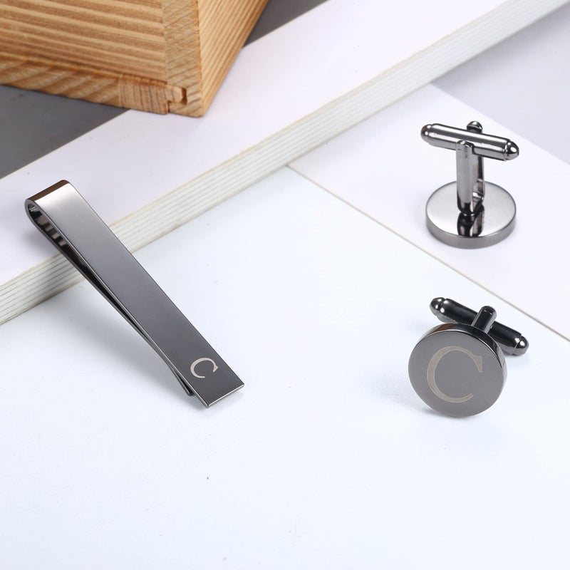 LOYALLOOK Black Initial C Cufflinks and Tie Clip Set for Men Personalized Copper Cuff links and Tie Bar Letter Alphabet C Gift for Father Husband - Image 3