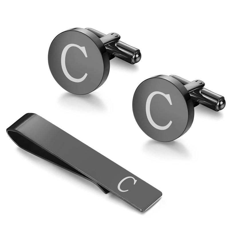LOYALLOOK Black Initial C Cufflinks and Tie Clip Set for Men Personalized Copper Cuff links and Tie Bar Letter Alphabet C Gift for Father Husband - Image 1