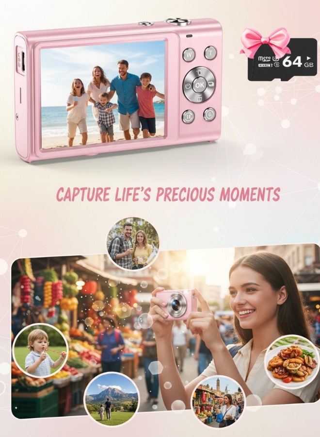 Super ZYouth Digital Camera, Vlogging Camera, Kids Camera Point and Shoot Digital Cameras with 64GB SD Card, 16X Zoom, For Kids Boys Girls (Pink) - Image 2