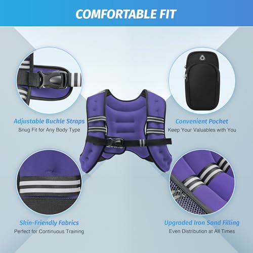 ZELUS Weighted Vest, 6lb/8lb/12lb/16lb/20lb/25lb/30lb Weight Vest with Reflective Stripe for Workout, Strength Training, Running, Fitness, Muscle Building, Weight Loss, Weightlifting, Violet(8 lb) - Image 2