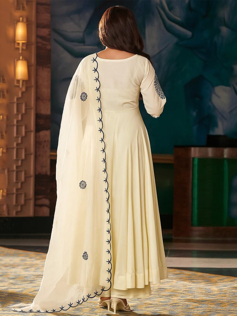 Lilots Women’s Off White Vichitra Silk Embroidered Anarkali Kurta Set with Dupatta - Image 5