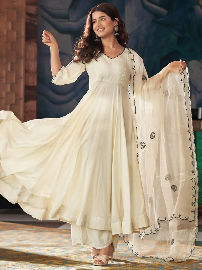 Lilots Women’s Off White Vichitra Silk Embroidered Anarkali Kurta Set with Dupatta - Image 3