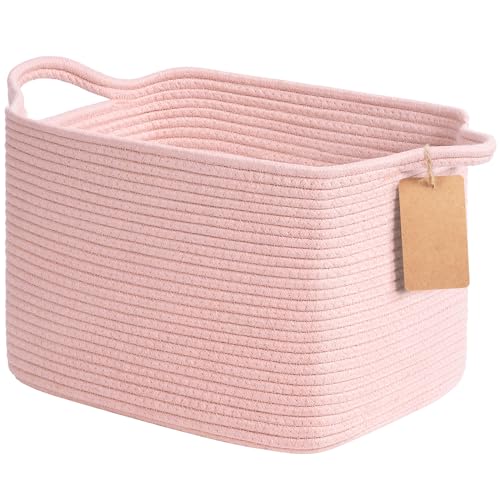 Goodpick Woven Storage Basket for Shelves Small Baskets for Organizing Rectangle Baby Nursery basket Towel Baskets for Bathroom Living Room 13 x 10 x 9 Inches Light Pink - Image 1