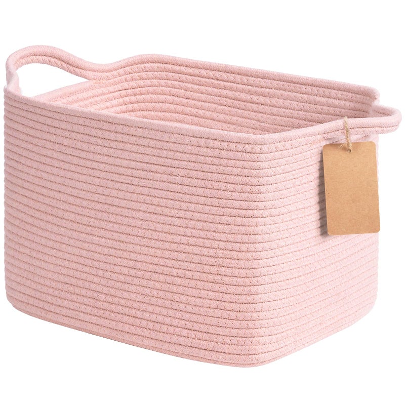 Goodpick Woven Storage Basket for Shelves Small Baskets for Organizing Rectangle Baby Nursery basket Towel Baskets for Bathroom Living Room 13 x 10 x 9 Inches Light Pink - Image 2