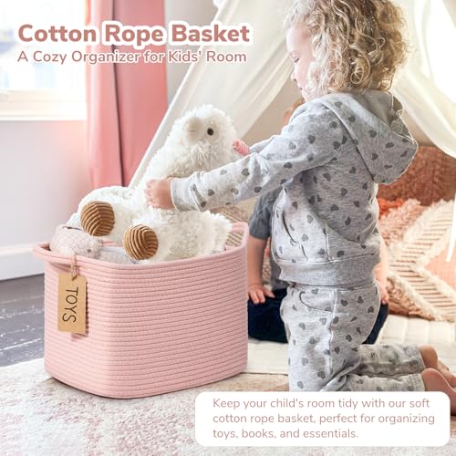 Goodpick Woven Storage Basket for Shelves Small Baskets for Organizing Rectangle Baby Nursery basket Towel Baskets for Bathroom Living Room 13 x 10 x 9 Inches Light Pink - Image 3