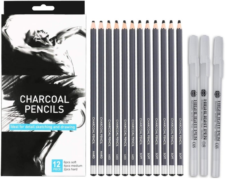 ChiggiWiggi ChiggiWiggi Charcoal Pencils Drawing Set - 12 Pieces Soft Medium and Hard for Drawing, Sketching, Shading, Artist Pencils for Beginners & Artists With 3 Pcs White Highlight Gel Pen for Sketching, Art  - Image 1