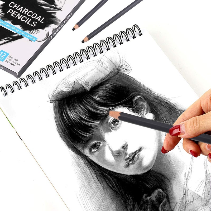 ChiggiWiggi ChiggiWiggi Charcoal Pencils Drawing Set - 12 Pieces Soft Medium and Hard for Drawing, Sketching, Shading, Artist Pencils for Beginners & Artists With 3 Pcs White Highlight Gel Pen for Sketching, Art  - Image 4