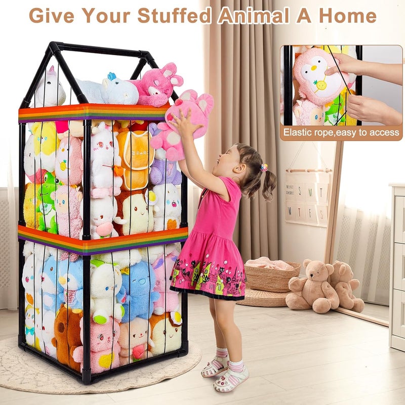 Basumee حيوانات محشوة تخزين حديقة حيوانات للأطفال مع حمالتين قوس قزح أنبوب PVC منظم تخزين ألعاب محشوة للفتيات والفتيان غرفة الأطفال غرفة اللعب غرف النوم سوداء - Image 4