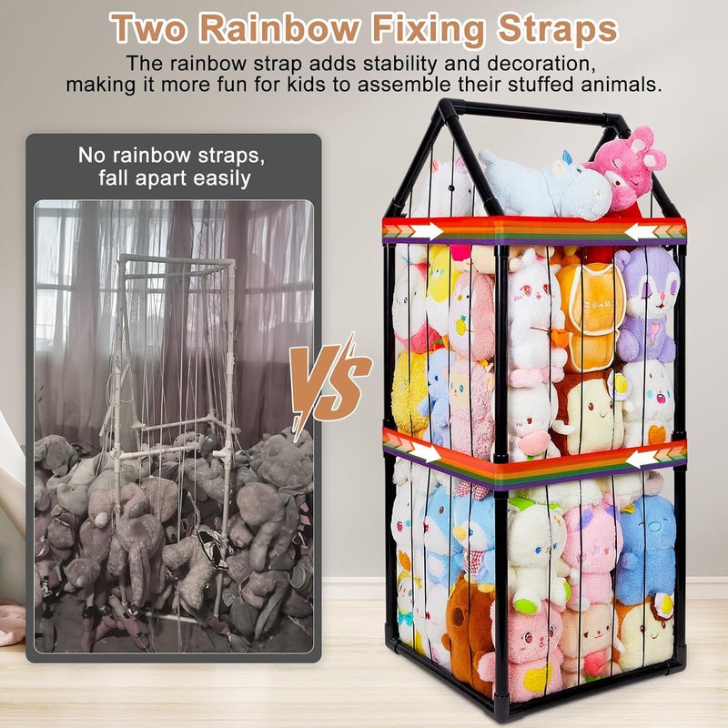 Basumee حيوانات محشوة تخزين حديقة حيوانات للأطفال مع حمالتين قوس قزح أنبوب PVC منظم تخزين ألعاب محشوة للفتيات والفتيان غرفة الأطفال غرفة اللعب غرف النوم سوداء - Image 5