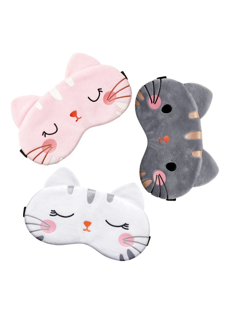 3 Pcs Sleeping Eye Masks, Cat Face Cute Cartoon Travel Shading, Lightweight Nighttime Super Soft and Fun Masks for Kids Boys Girls (White+Pink+Grey) - Image 1
