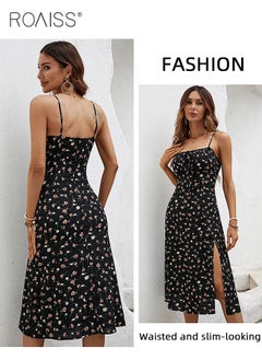 roaiss Floral Print Spaghetti Dress for Women Comfy Breathable Elegant Backless and Sleeveless Cami Dress Ladies Skin Friendly Square Neckline Split Hem Soft Midi  High-Rise Skirt  for Ladies Elegant Temperament Casual Outfit  - Image 4