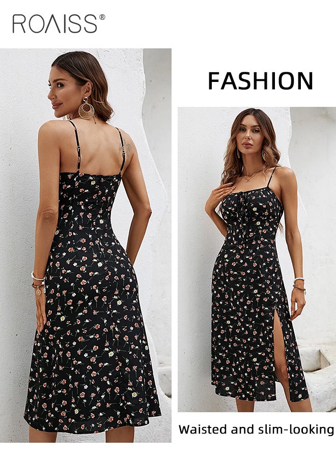 roaiss Floral Print Spaghetti Dress for Women Comfy Breathable Elegant Backless and Sleeveless Cami Dress Ladies Skin Friendly Square Neckline Split Hem Soft Midi  High-Rise Skirt  for Ladies Elegant Temperament Casual Outfit  - Image 4