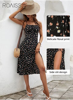 roaiss Floral Print Spaghetti Dress for Women Comfy Breathable Elegant Backless and Sleeveless Cami Dress Ladies Skin Friendly Square Neckline Split Hem Soft Midi  High-Rise Skirt  for Ladies Elegant Temperament Casual Outfit  - Image 3