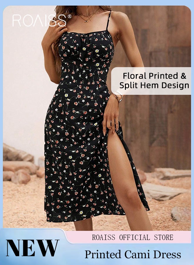 roaiss Floral Print Spaghetti Dress for Women Comfy Breathable Elegant Backless and Sleeveless Cami Dress Ladies Skin Friendly Square Neckline Split Hem Soft Midi  High-Rise Skirt  for Ladies Elegant Temperament Casual Outfit  - Image 1