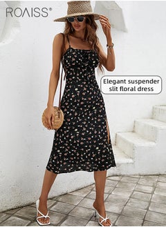 roaiss Floral Print Spaghetti Dress for Women Comfy Breathable Elegant Backless and Sleeveless Cami Dress Ladies Skin Friendly Square Neckline Split Hem Soft Midi  High-Rise Skirt  for Ladies Elegant Temperament Casual Outfit  - Image 2