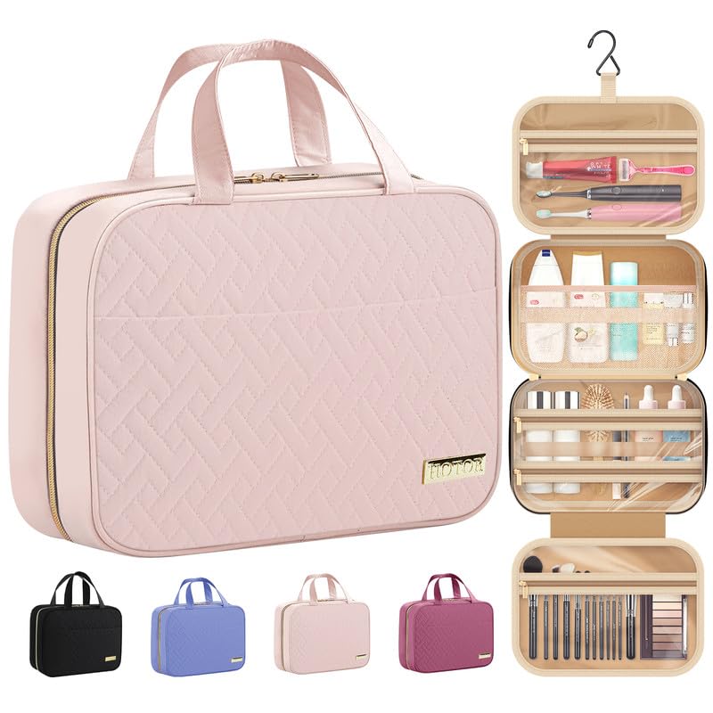 HOTOR Travel Toiletry Bag wHanging Hook  Spacious Toiletry Bag Essentials for Women  Men Makeup BagBig Comparment Waterproof for Travel Accessories Large Pink