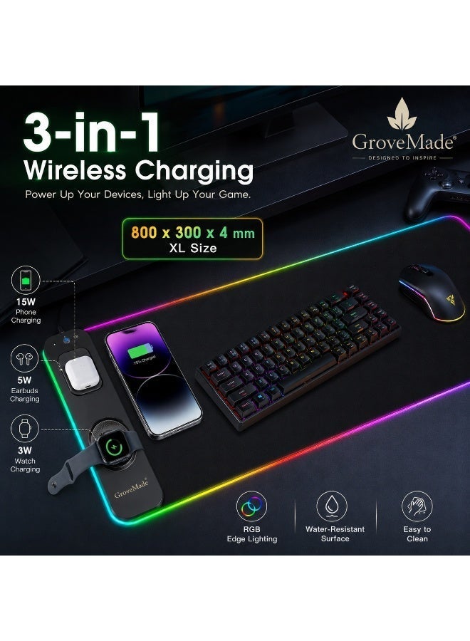 GroveMade RGB Gaming Mouse Pad with Wireless Charging, XXL Extended Mouse Pad 800x300mm, Waterproof Desk Mat, Non-Slip Keyboard Pad with LED Lighting for PC Gamers & Office Use。 - Image 1