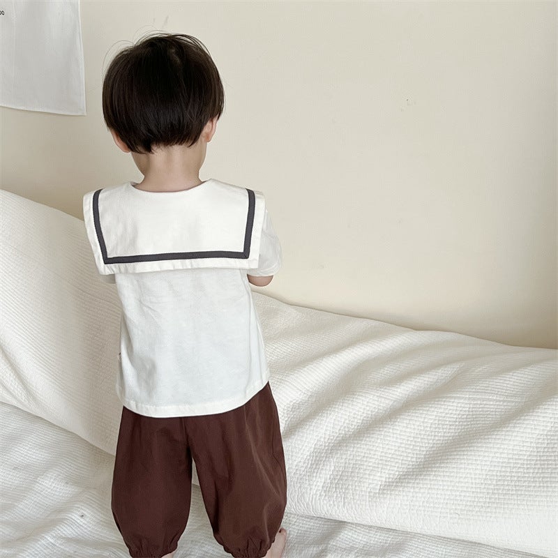 Boys Summer Wear Thin Korean Style Childrens Wear Baby Summer Academy Style Lapp T-Shirt Anti-mosquito Pants Set Baby Clothes Apricot t-shirt