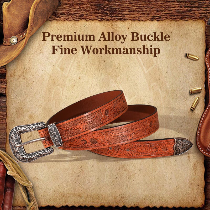 SANSTHS Western Belt For Women, Womens Cowboy Belt For Pants Jeans With Vintage Floral Carved Design, Brown XS - Image 4