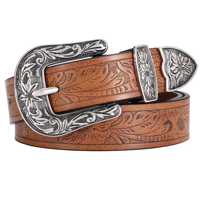 SANSTHS Western Belt For Women, Womens Cowboy Belt For Pants Jeans With Vintage Floral Carved Design, Brown XS - Image 1