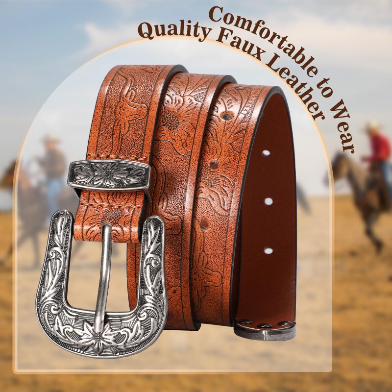 SANSTHS Western Belt For Women, Womens Cowboy Belt For Pants Jeans With Vintage Floral Carved Design, Brown XS - Image 5