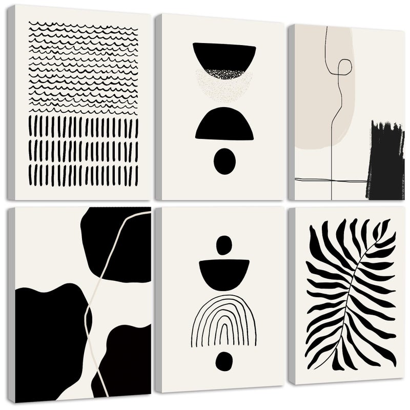 KUVIOKE Black Abstract Framed Wall Art Boho Room Decor Set of 6 Minimalist Geometric Line Art Bohemian Mid Century Modern Prints for Bedroom Living Room 8x10in (Framed) - Image 1