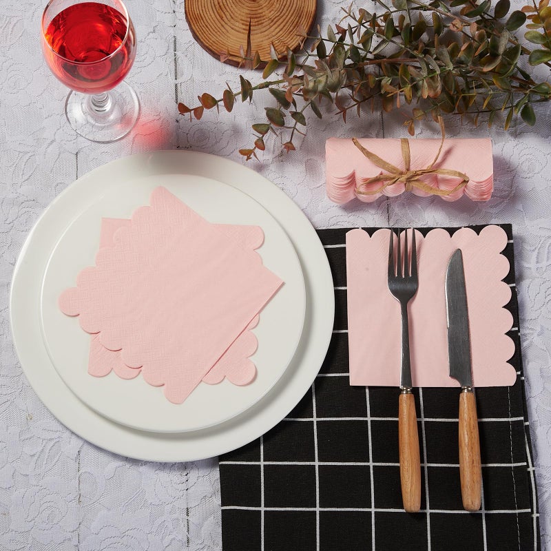 BEFORYOU 100 Pack Cocktail Napkin 2-Ply Scalloped Edged Dessert Napkins Folded 5 x 5 Inches Disposable Napkins for Dinner Wedding Birthday Party Bridal Anniversary Reception Event (Pink) - Image 5