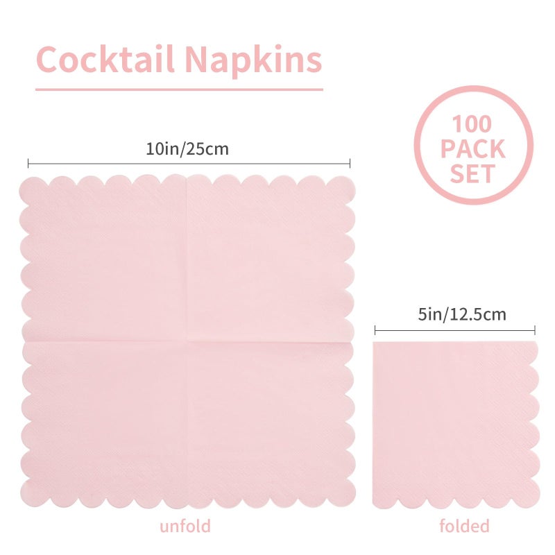 BEFORYOU 100 Pack Cocktail Napkin 2-Ply Scalloped Edged Dessert Napkins Folded 5 x 5 Inches Disposable Napkins for Dinner Wedding Birthday Party Bridal Anniversary Reception Event (Pink) - Image 2