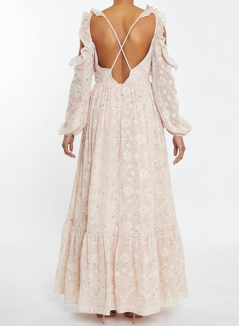 ترو ديكادينس Margot Nude-Floral Broderie Cold Shoulder Ruffle Maxi-Dress