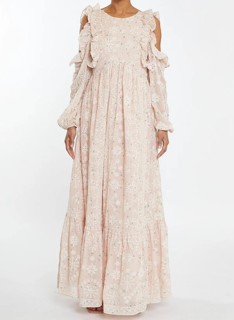 ترو ديكادينس Margot Nude-Floral Broderie Cold Shoulder Ruffle Maxi-Dress