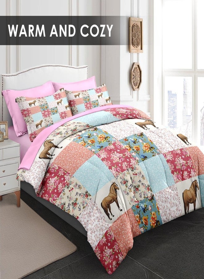 Pamnest Comforter Set Twin Size, Horse Animal Pink 5 Pcs Bedding for Kids and Adults, Country Farmhouse Bed Sheet Sets with Fitted Sheet Pillowcase & Sham for Bedroom Bed Decor - Image 2