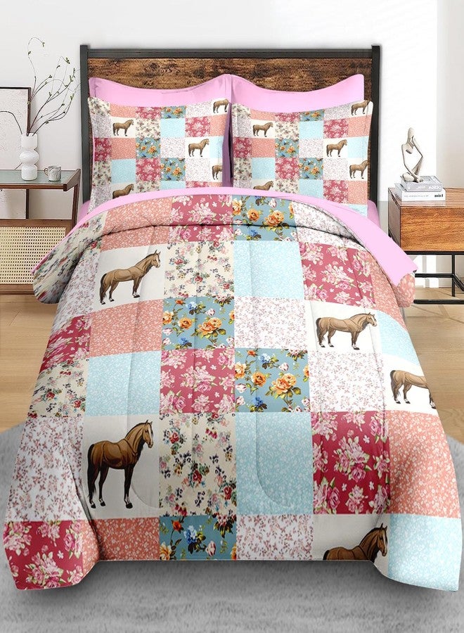 Pamnest Comforter Set Twin Size, Horse Animal Pink 5 Pcs Bedding for Kids and Adults, Country Farmhouse Bed Sheet Sets with Fitted Sheet Pillowcase & Sham for Bedroom Bed Decor - Image 3