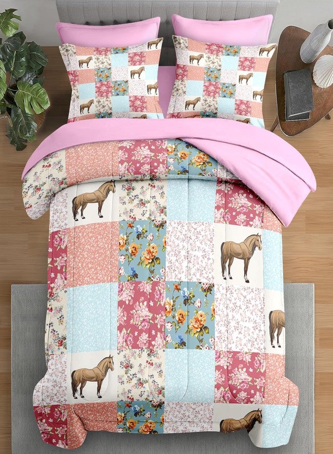 Pamnest Comforter Set Twin Size, Horse Animal Pink 5 Pcs Bedding for Kids and Adults, Country Farmhouse Bed Sheet Sets with Fitted Sheet Pillowcase & Sham for Bedroom Bed Decor - Image 1