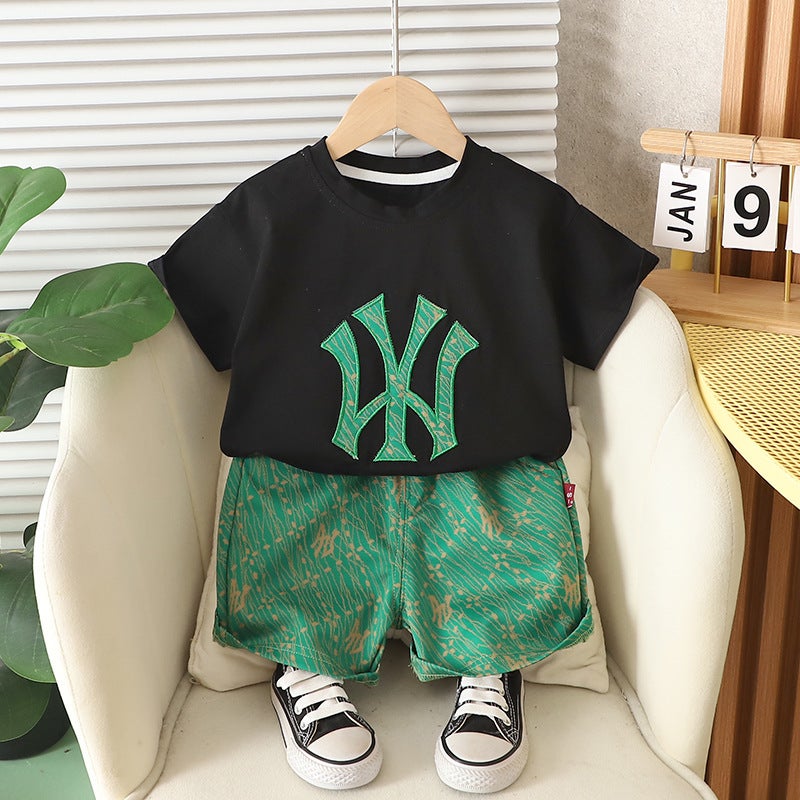 Boys Short-Sleeved T-Shirt Summer Children'S Printed Letters Casual Children'S Solid Color Handsome Two-Piece Set 1 - Image 3