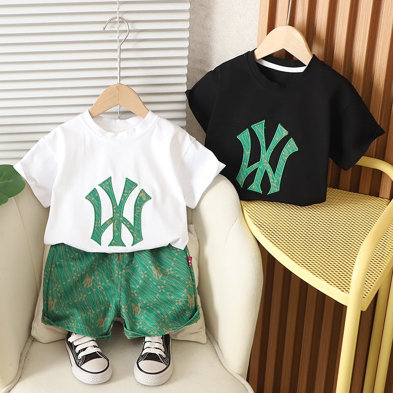 Boys Short-Sleeved T-Shirt Summer Children'S Printed Letters Casual Children'S Solid Color Handsome Two-Piece Set 1 - Image 2