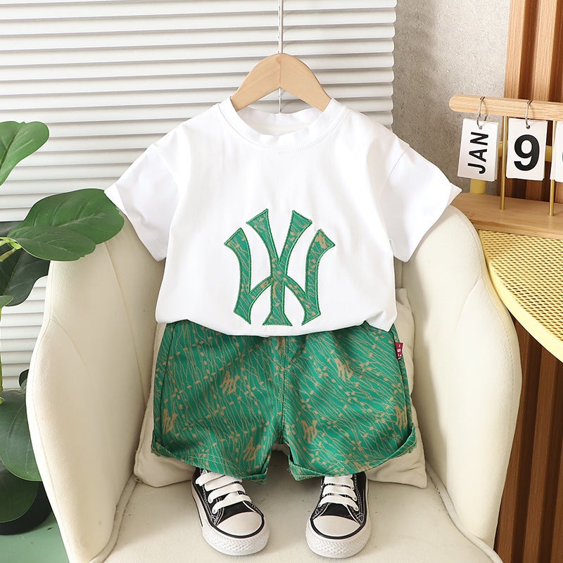 Boys Short-Sleeved T-Shirt Summer Children'S Printed Letters Casual Children'S Solid Color Handsome Two-Piece Set 1 - Image 4
