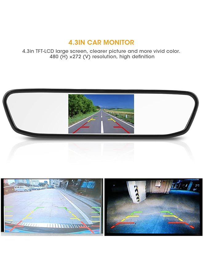 جياو كاميرا لوحة القيادة للسيارة، كاميرا مرآة الرؤية الخلفية الذكية الاحتياطية 4.3 بوصة، مقاومة للماء عالية الدقة 1080 بكسل أمامية وخلفية بزاوية واسعة 170 درجة، تدعم الرؤية الليلية ومساعدة ركن السيارة والتسجيل الدائري - Image 2