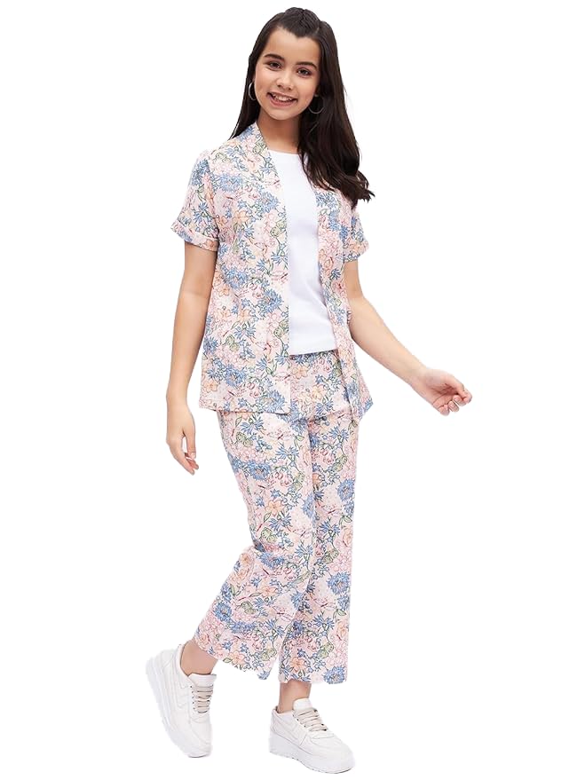 luyk Cotton Girls Printed Trousers & T-Shirt With Shrug Co-Ords (15-16 Years), Multicolor - Image 3