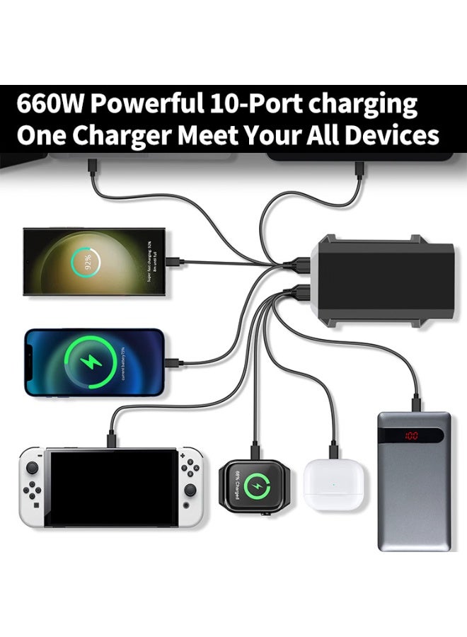 BlueFire 10-Port GaN III 660W Fast Charging Station | Dual 140W USB-C PD PPS Laptop Charger | 6x USB-C + 4x USB-A Multi-Port Hub for MacBook Pro M4/M3, iPhone 16, Galaxy, Dell, HP, iPad | Desktop Charger Block for 10 Devices with Smart Protection, Travel Friendly - Image 2