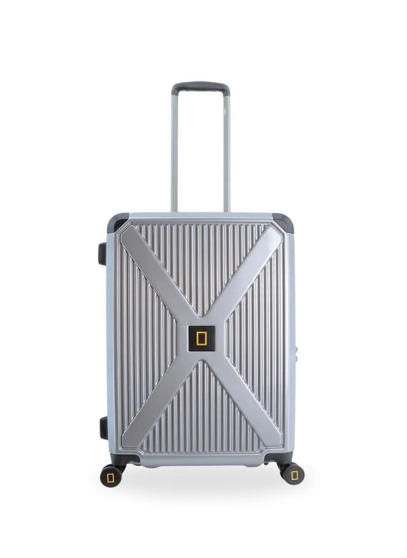 ناشيونال چيوغرافيك National Geographic Metallic PC Hardside Luggage Silver Medium Trolley Bag, Lightweight Durable Anti-Theft Zipper TSA Lock, 4 Double Spinner Wheels, Expandable Suitcase with Aluminum Telescopic Handle