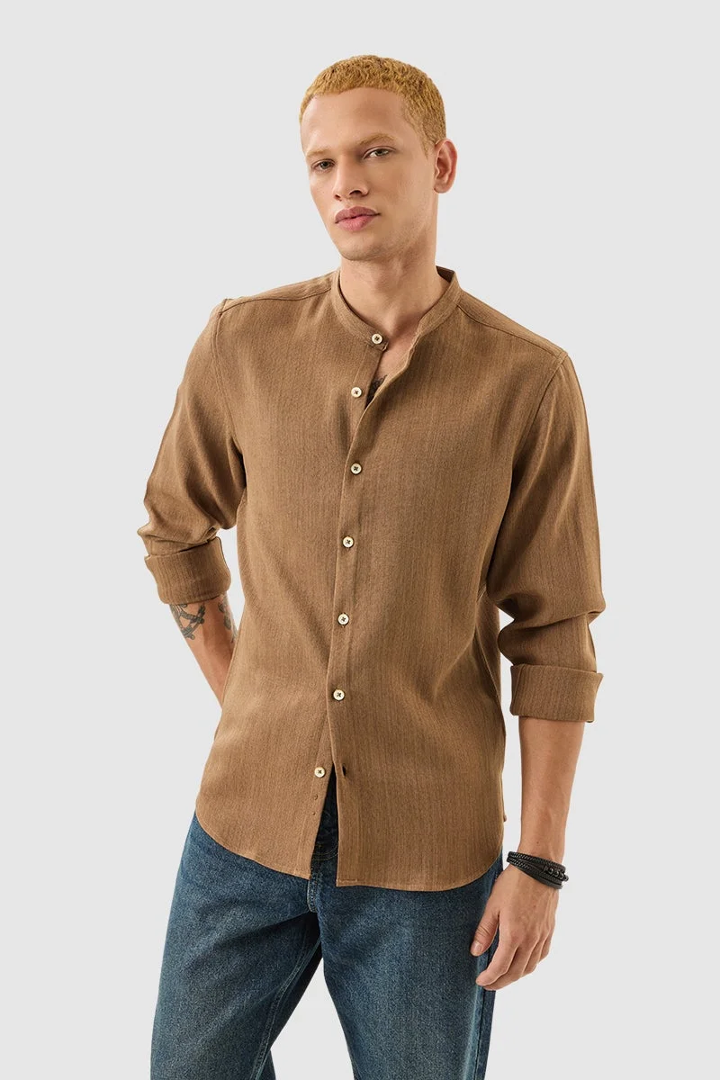 SNITCH Brown Solid Long Sleeve Slim Fit Shirt